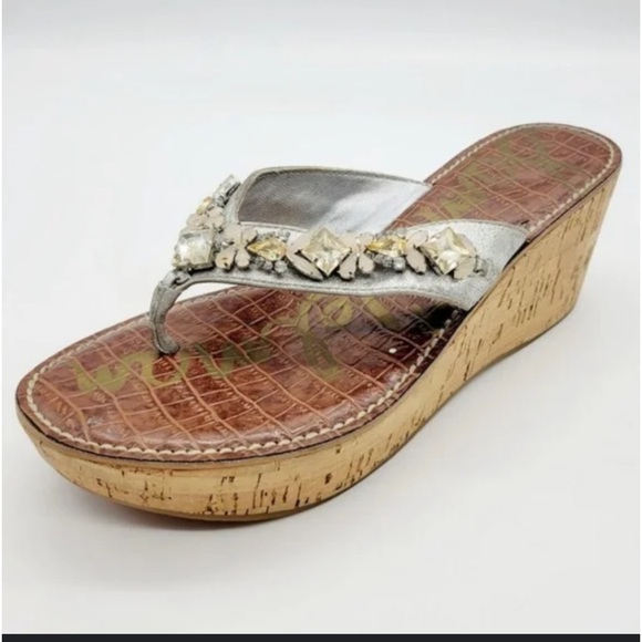 •SAM EDELMAN•LIKE NEW BEJEWELED SILVER LEATHER RANDI CORK WEDGE THONG SANDAL 8.5 - Picture 3 of 9